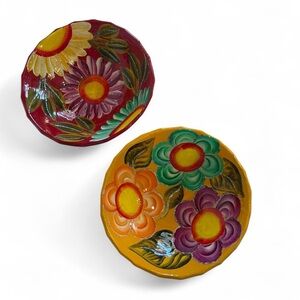 Vintage Colorful Floral Mexican Folk Art Decorative Footed Ceramic Painted Bowls